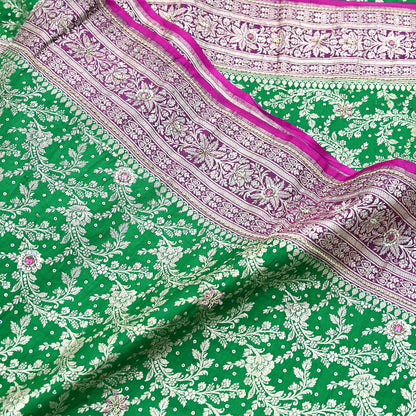 Indian Vintage Heavy Wedding Banarasi Sari 5 Yards Pure Satin Silk Hand-Embroidered Zari, Work Brocade Craft Fabric for Dressmaking