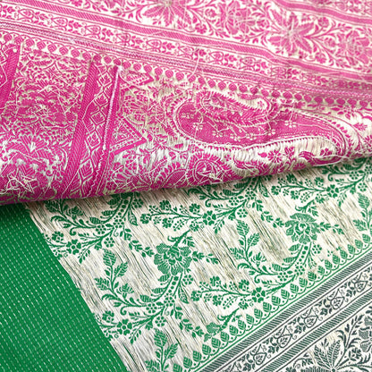 Indian Vintage Heavy Wedding Banarasi Sari 5 Yards Pure Satin Silk Hand-Embroidered Zari, Work Brocade Craft Fabric for Dressmaking