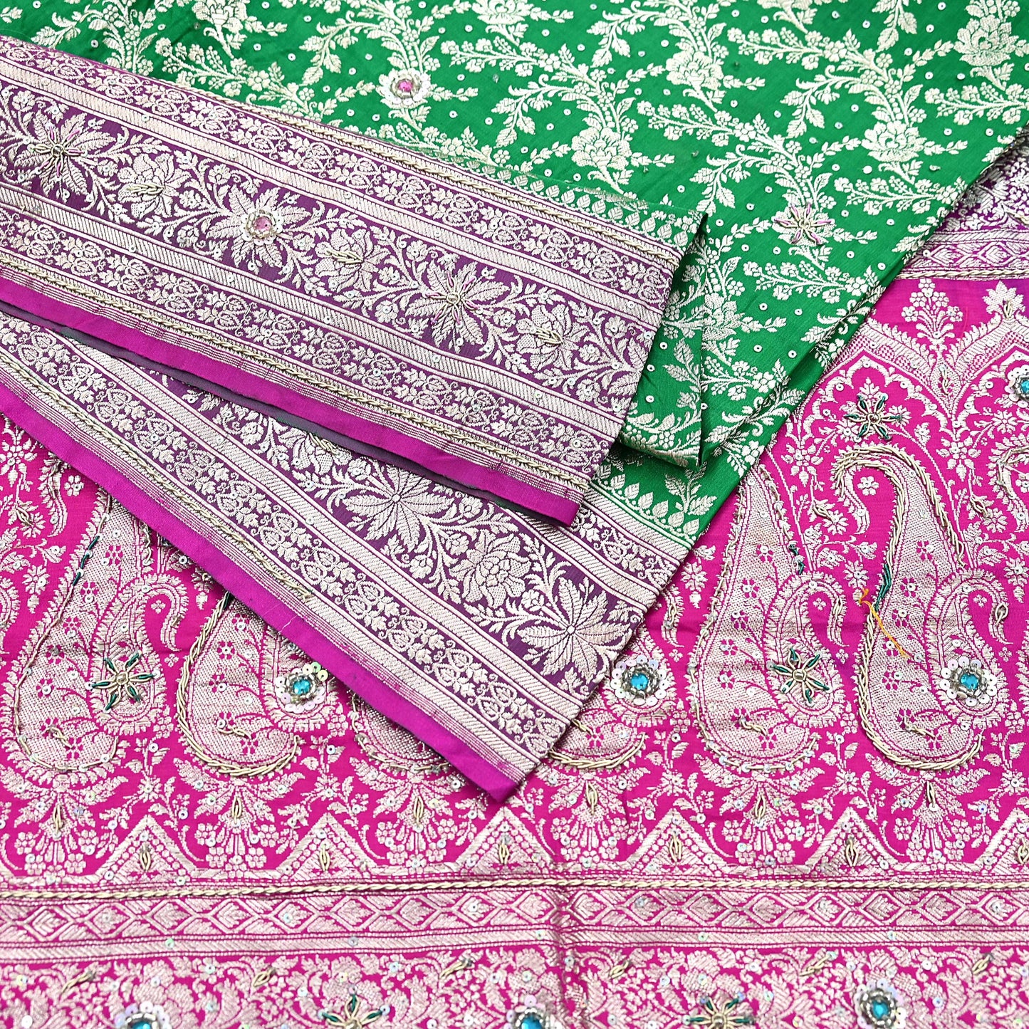 Indian Vintage Heavy Wedding Banarasi Sari 5 Yards Pure Satin Silk Hand-Embroidered Zari, Work Brocade Craft Fabric for Dressmaking