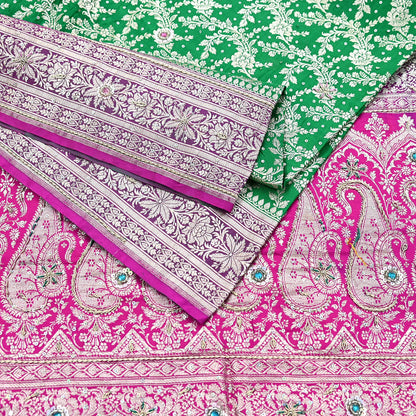 Indian Vintage Heavy Wedding Banarasi Sari 5 Yards Pure Satin Silk Hand-Embroidered Zari, Work Brocade Craft Fabric for Dressmaking