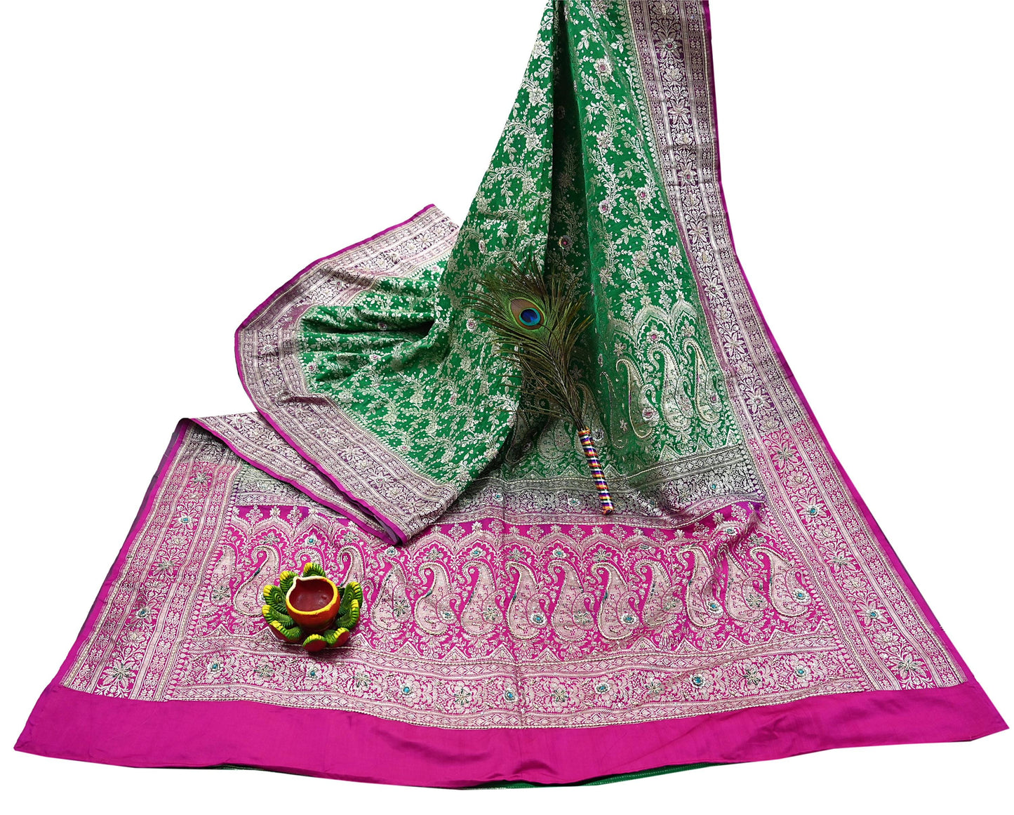 Indian Vintage Heavy Wedding Banarasi Sari 5 Yards Pure Satin Silk Hand-Embroidered Zari, Work Brocade Craft Fabric for Dressmaking