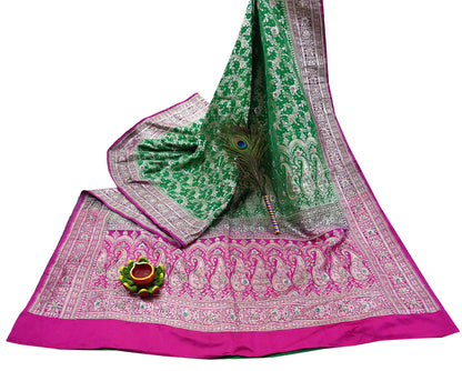 Indian Vintage Heavy Wedding Banarasi Sari 5 Yards Pure Satin Silk Hand-Embroidered Zari, Work Brocade Craft Fabric for Dressmaking
