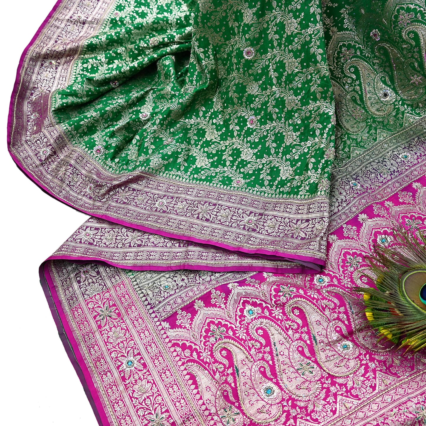 Indian Vintage Heavy Wedding Banarasi Sari 5 Yards Pure Satin Silk Hand-Embroidered Zari, Work Brocade Craft Fabric for Dressmaking
