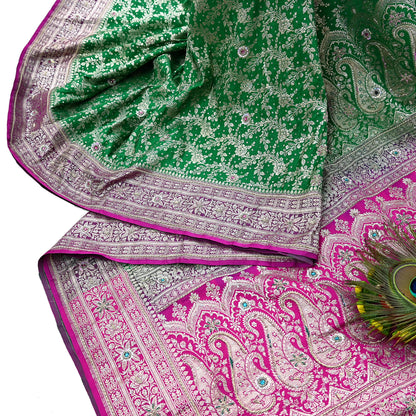 Indian Vintage Heavy Wedding Banarasi Sari 5 Yards Pure Satin Silk Hand-Embroidered Zari, Work Brocade Craft Fabric for Dressmaking