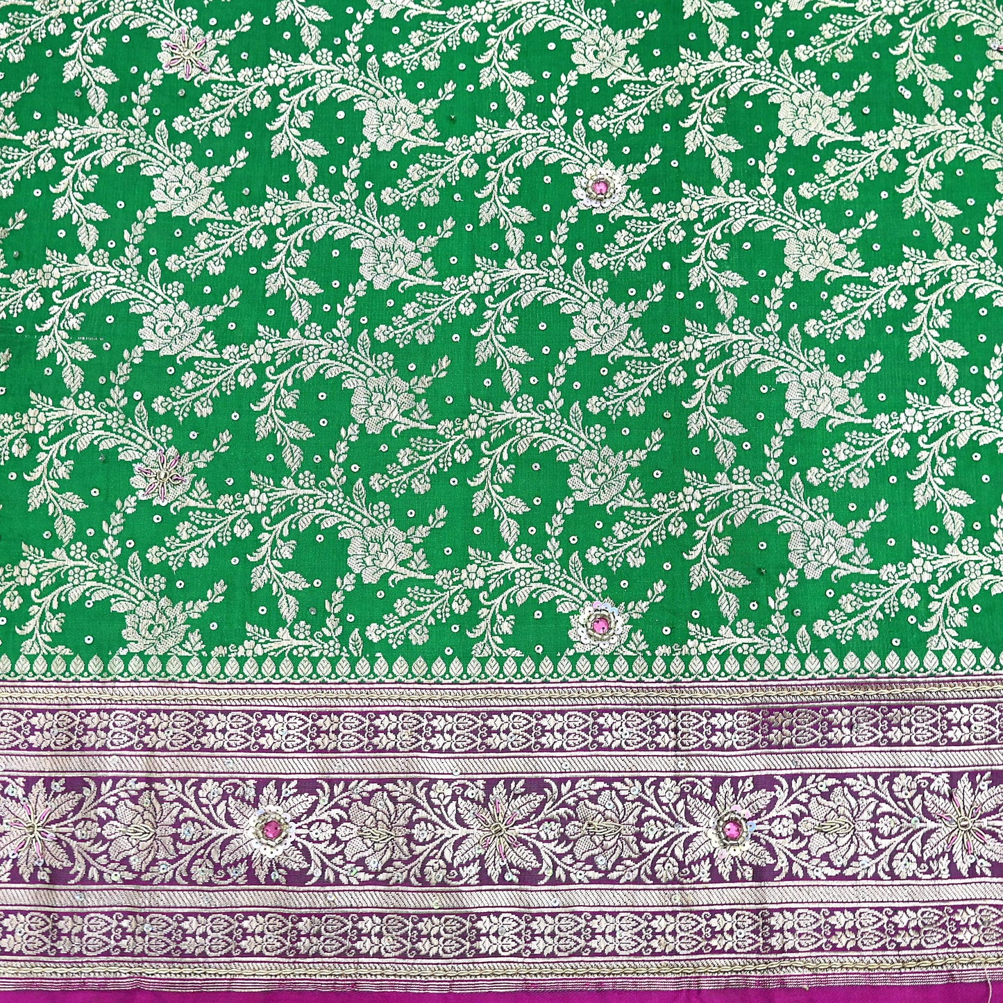 Indian Vintage Heavy Wedding Banarasi Sari 5 Yards Pure Satin Silk Hand-Embroidered Zari, Work Brocade Craft Fabric for Dressmaking