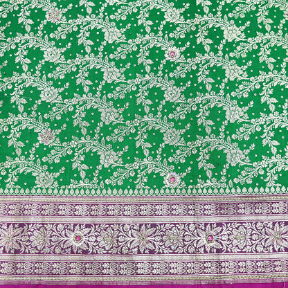 Indian Vintage Heavy Wedding Banarasi Sari 5 Yards Pure Satin Silk Hand-Embroidered Zari, Work Brocade Craft Fabric for Dressmaking