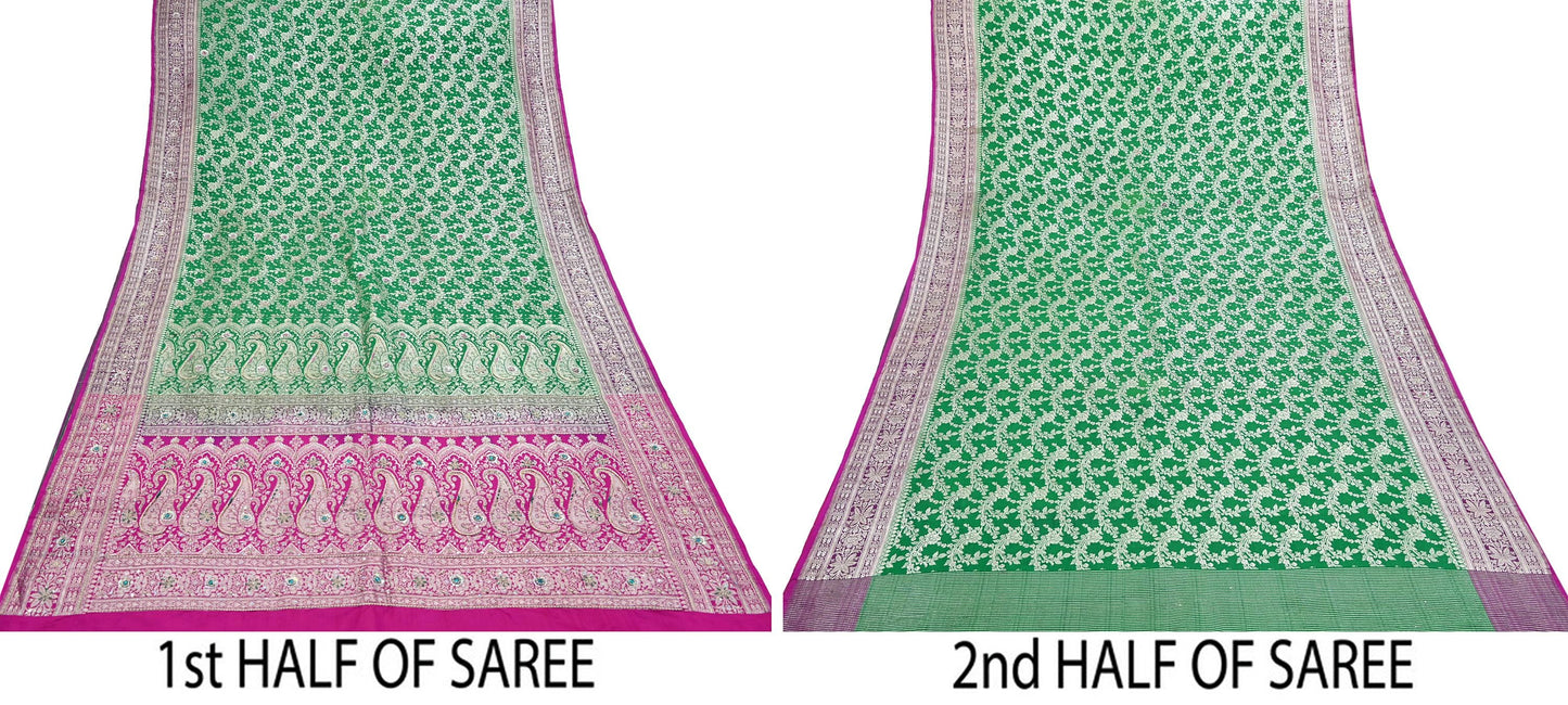 Indian Vintage Heavy Wedding Banarasi Sari 5 Yards Pure Satin Silk Hand-Embroidered Zari, Work Brocade Craft Fabric for Dressmaking