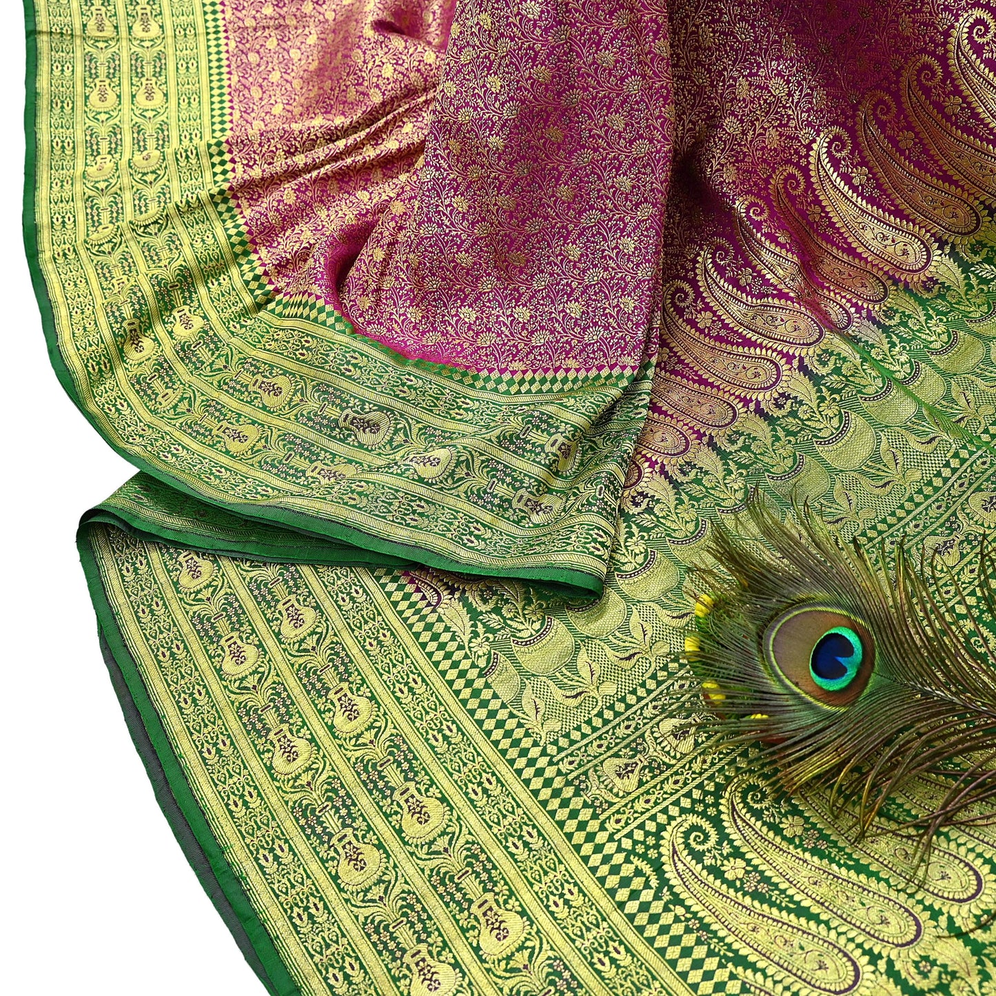 Vintage Banarasi Silk Saree Rani Pink Green Heavy Satin Silk Brocade Fabric Golden Zari Bridal Wedding Crafting 5 Yard