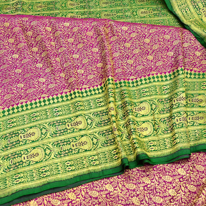 Vintage Banarasi Silk Saree Rani Pink Green Heavy Satin Silk Brocade Fabric Golden Zari Bridal Wedding Crafting 5 Yard