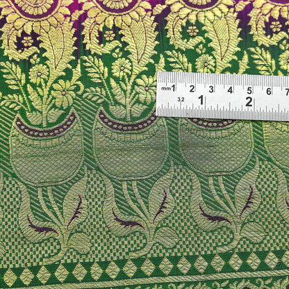 Vintage Banarasi Silk Saree Rani Pink Green Heavy Satin Silk Brocade Fabric Golden Zari Bridal Wedding Crafting 5 Yard