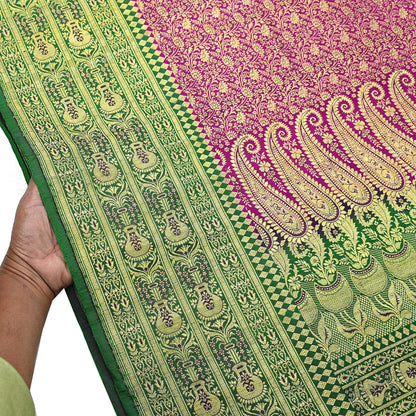 Vintage Banarasi Silk Saree Rani Pink Green Heavy Satin Silk Brocade Fabric Golden Zari Bridal Wedding Crafting 5 Yard