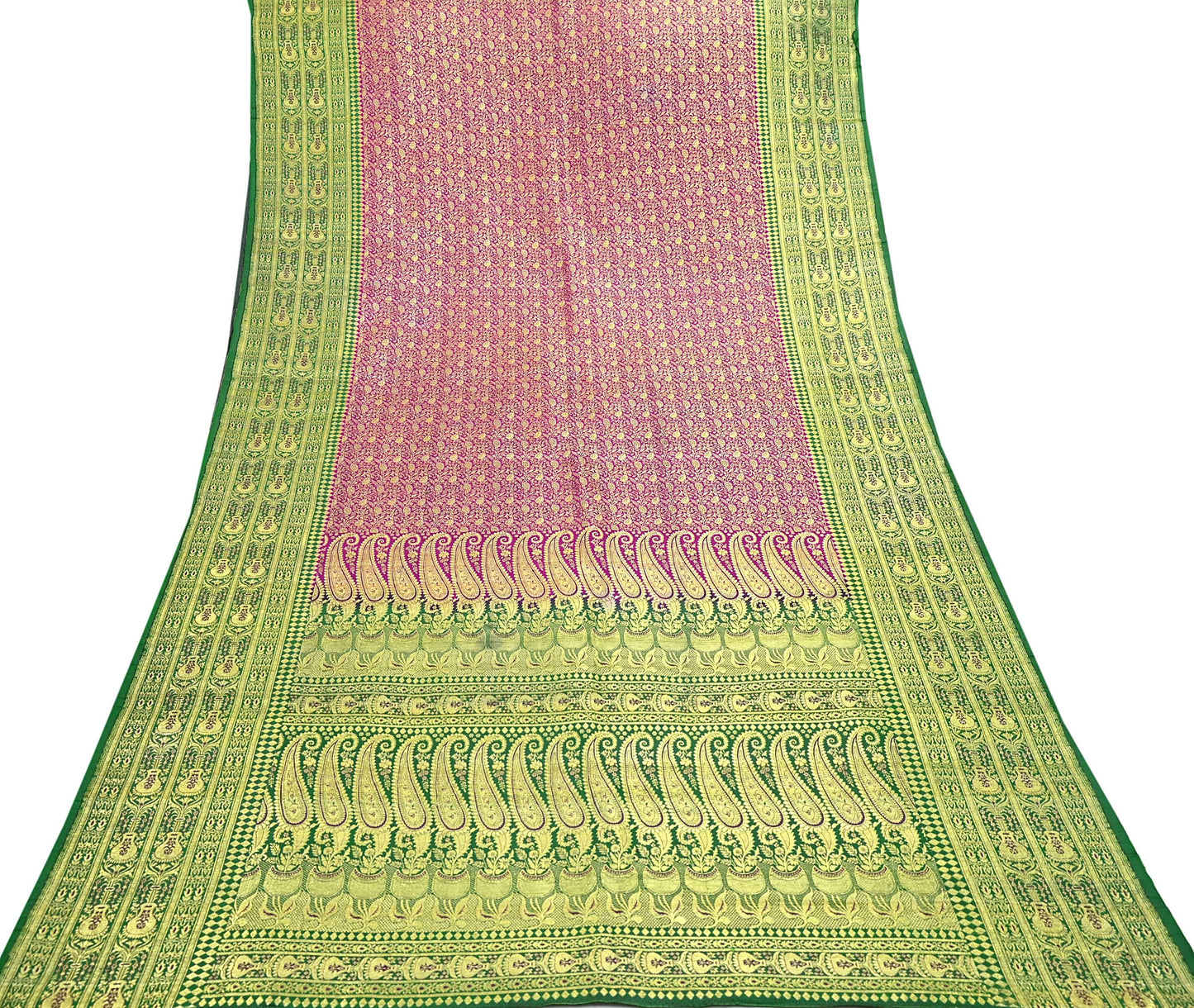 Vintage Banarasi Silk Saree Rani Pink Green Heavy Satin Silk Brocade Fabric Golden Zari Bridal Wedding Crafting 5 Yard