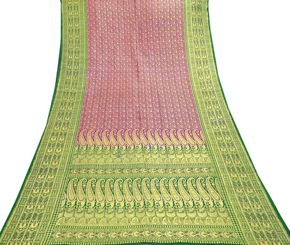 Vintage Banarasi Silk Saree Rani Pink Green Heavy Satin Silk Brocade Fabric Golden Zari Bridal Wedding Crafting 5 Yard