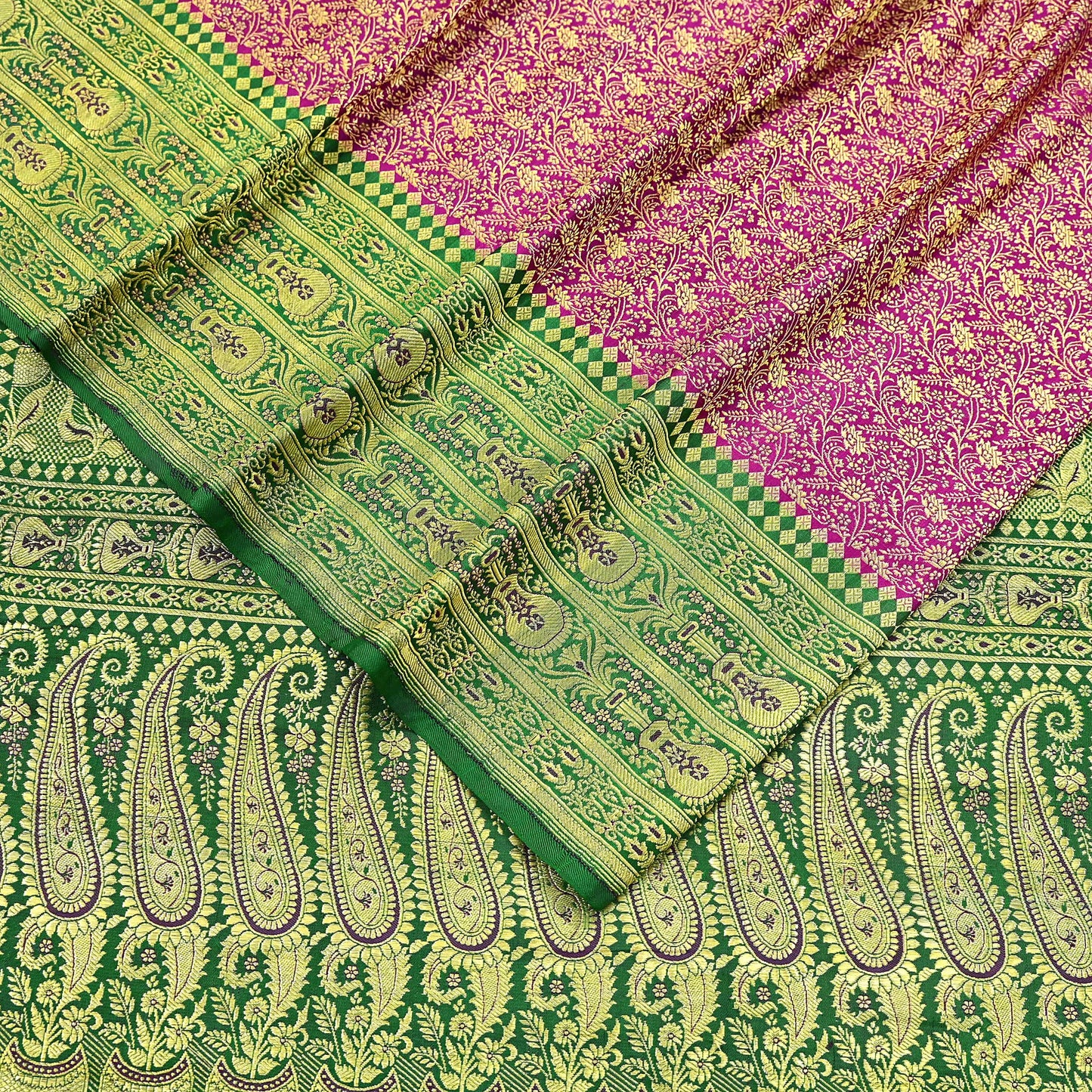 Vintage Banarasi Silk Saree Rani Pink Green Heavy Satin Silk Brocade Fabric Golden Zari Bridal Wedding Crafting 5 Yard