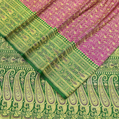 Vintage Banarasi Silk Saree Rani Pink Green Heavy Satin Silk Brocade Fabric Golden Zari Bridal Wedding Crafting 5 Yard