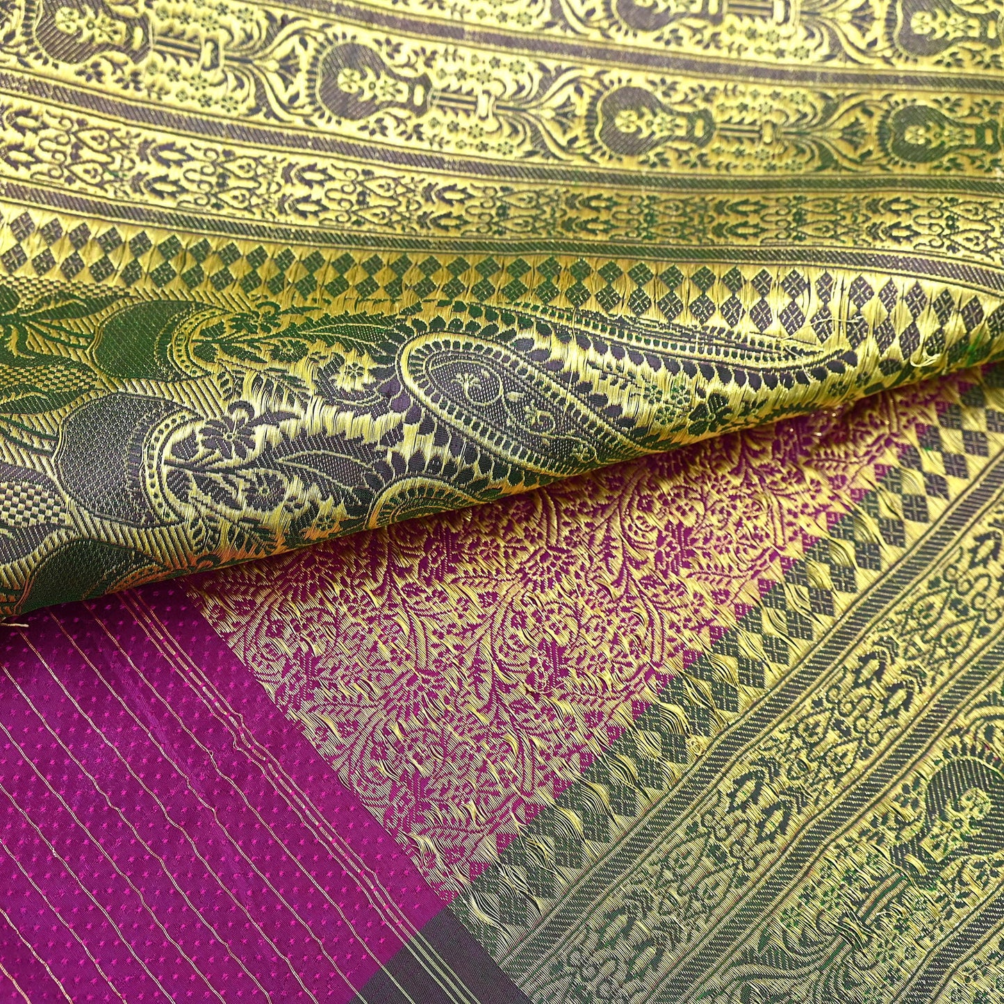 Vintage Banarasi Silk Saree Rani Pink Green Heavy Satin Silk Brocade Fabric Golden Zari Bridal Wedding Crafting 5 Yard