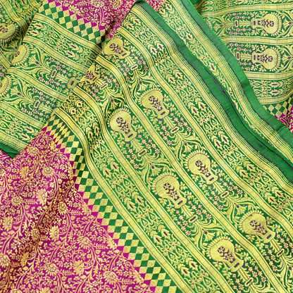 Vintage Banarasi Silk Saree Rani Pink Green Heavy Satin Silk Brocade Fabric Golden Zari Bridal Wedding Crafting 5 Yard