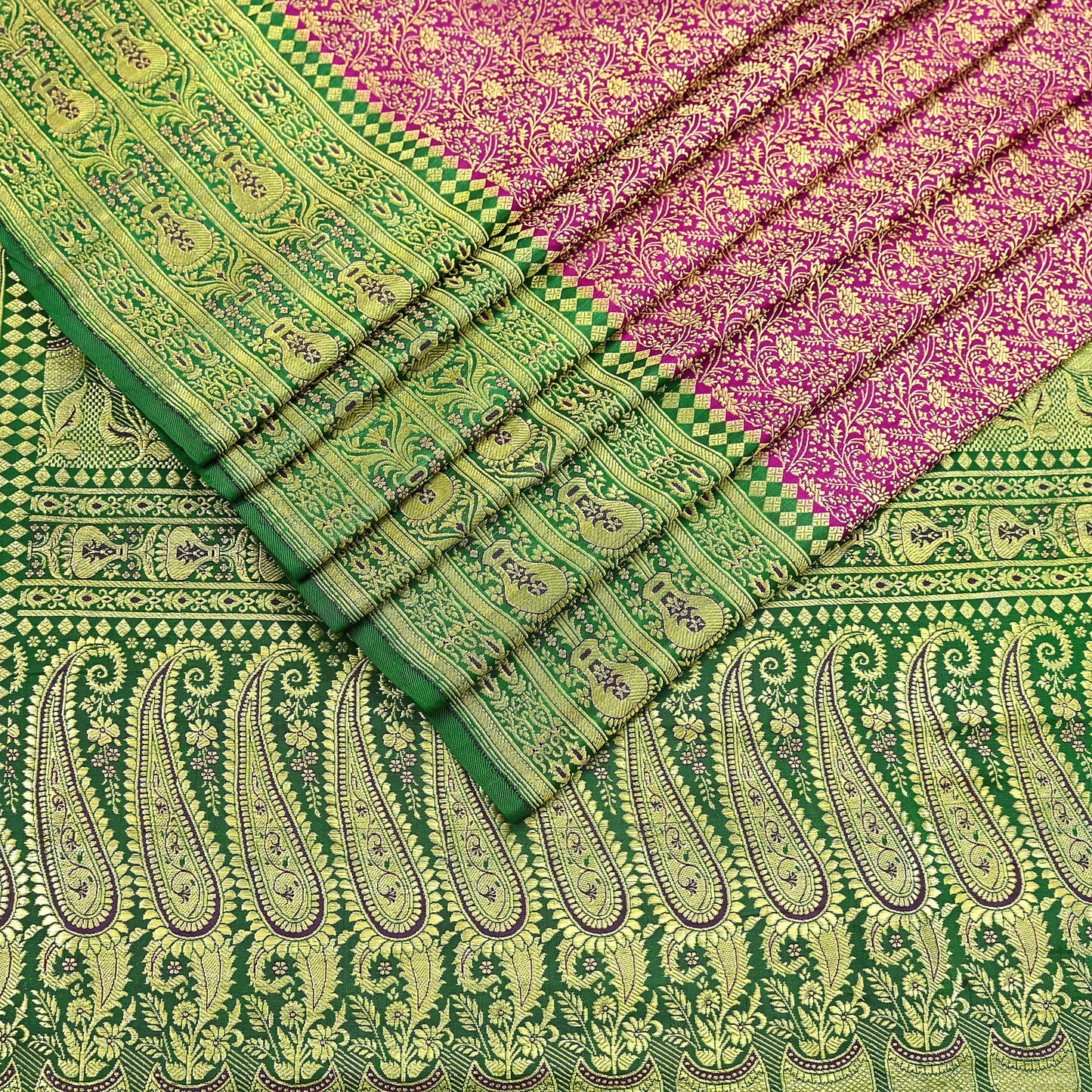 Vintage Banarasi Silk Saree Rani Pink Green Heavy Satin Silk Brocade Fabric Golden Zari Bridal Wedding Crafting 5 Yard