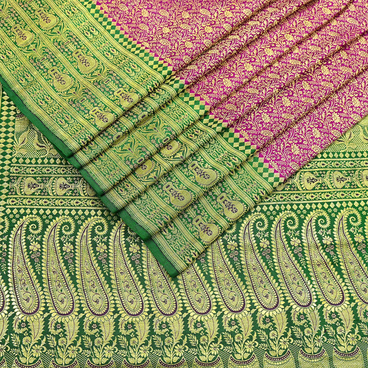 Vintage Banarasi Silk Saree Rani Pink Green Heavy Satin Silk Brocade Fabric Golden Zari Bridal Wedding Crafting 5 Yard