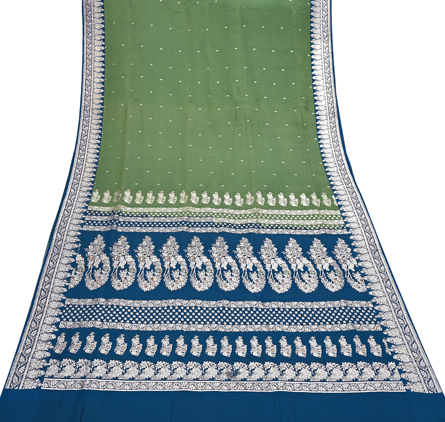 Indian Vintage Sari Heavy Wedding Green blue Pure Satin Silk Woven Brocade Banarasi Sarees Silver Zari 5Yd Dress making Crafting Upcycle