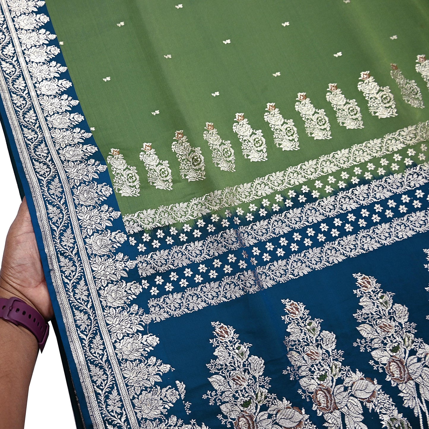 Indian Vintage Sari Heavy Wedding Green blue Pure Satin Silk Woven Brocade Banarasi Sarees Silver Zari 5Yd Dress making Crafting Upcycle