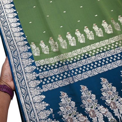 Indian Vintage Sari Heavy Wedding Green blue Pure Satin Silk Woven Brocade Banarasi Sarees Silver Zari 5Yd Dress making Crafting Upcycle