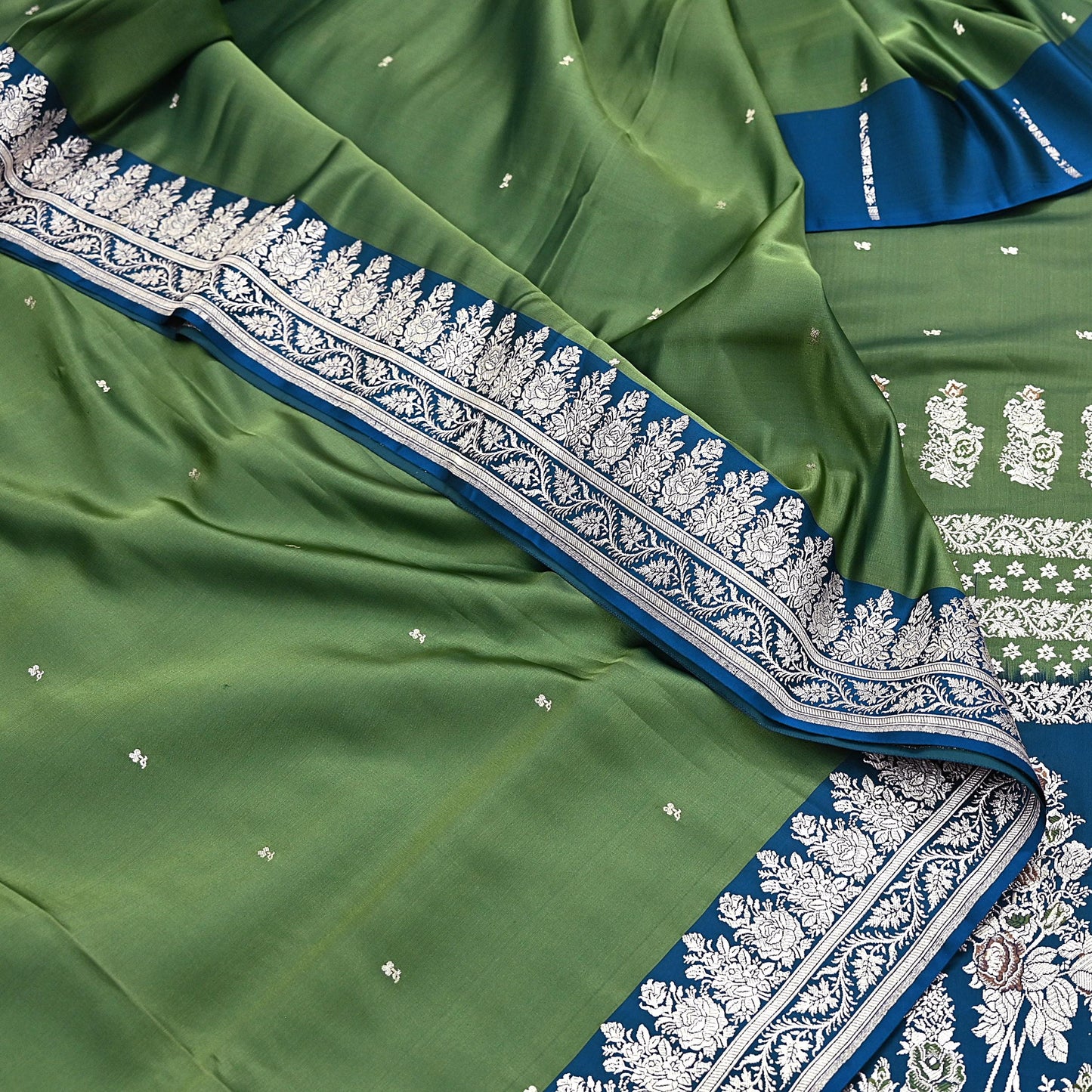 Indian Vintage Sari Heavy Wedding Green blue Pure Satin Silk Woven Brocade Banarasi Sarees Silver Zari 5Yd Dress making Crafting Upcycle