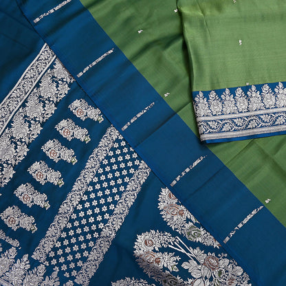 Indian Vintage Sari Heavy Wedding Green blue Pure Satin Silk Woven Brocade Banarasi Sarees Silver Zari 5Yd Dress making Crafting Upcycle