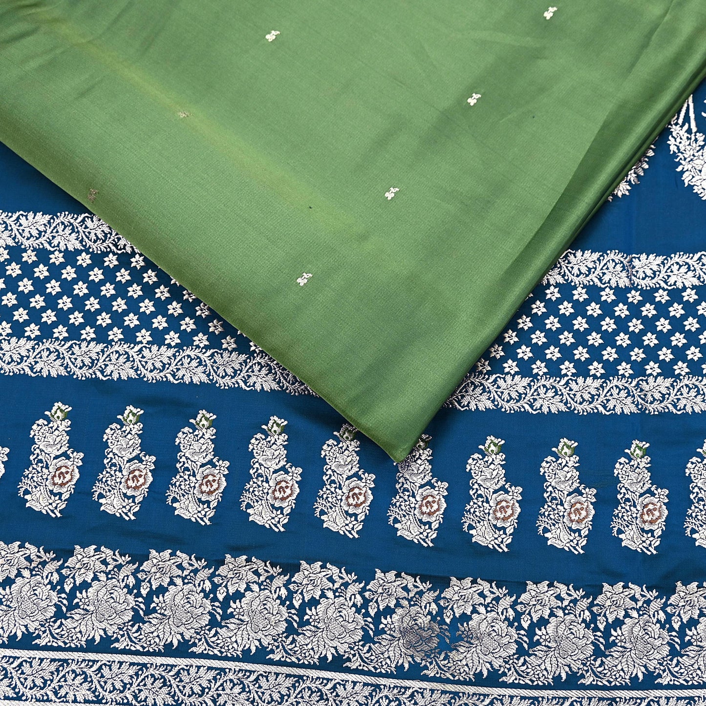 Indian Vintage Sari Heavy Wedding Green blue Pure Satin Silk Woven Brocade Banarasi Sarees Silver Zari 5Yd Dress making Crafting Upcycle