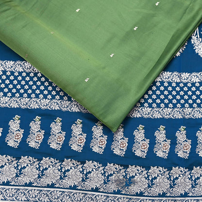 Indian Vintage Sari Heavy Wedding Green blue Pure Satin Silk Woven Brocade Banarasi Sarees Silver Zari 5Yd Dress making Crafting Upcycle