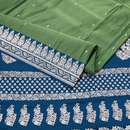 Indian Vintage Sari Heavy Wedding Green blue Pure Satin Silk Woven Brocade Banarasi Sarees Silver Zari 5Yd Dress making Crafting Upcycle