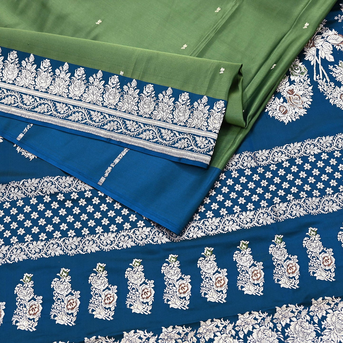 Indian Vintage Sari Heavy Wedding Green blue Pure Satin Silk Woven Brocade Banarasi Sarees Silver Zari 5Yd Dress making Crafting Upcycle