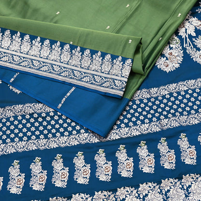 Indian Vintage Sari Heavy Wedding Green blue Pure Satin Silk Woven Brocade Banarasi Sarees Silver Zari 5Yd Dress making Crafting Upcycle