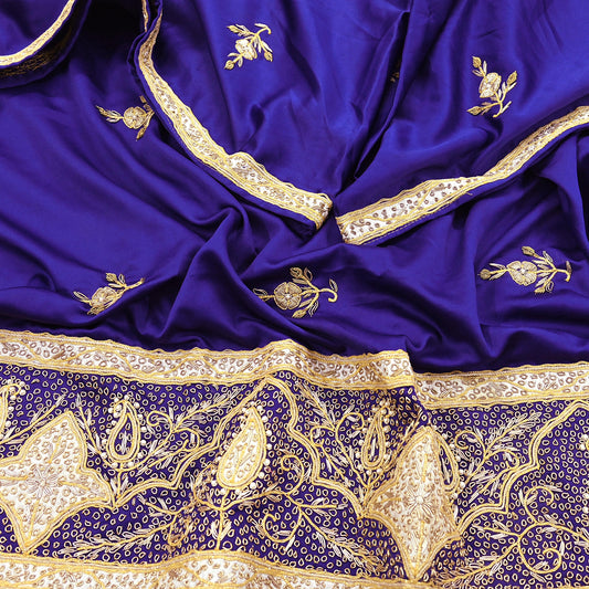 Indian Vintage Heavy Wedding Blue Dupatta Pure Satin Silk Long Stole Hand Embroidered Scarves Golden Zardozi Stole