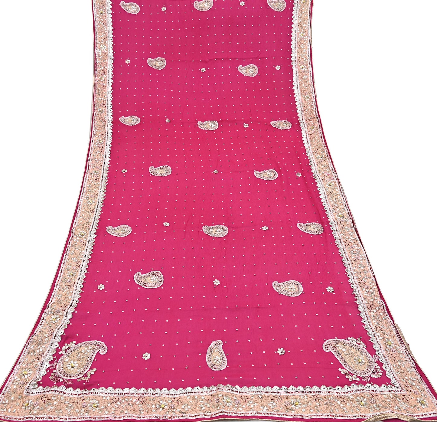 Indian Women Vintage Heavy Pink Dupatta Pure silk Long Stole Hand Embroidered Hijab Scarves Veil Wrap Gota Patti