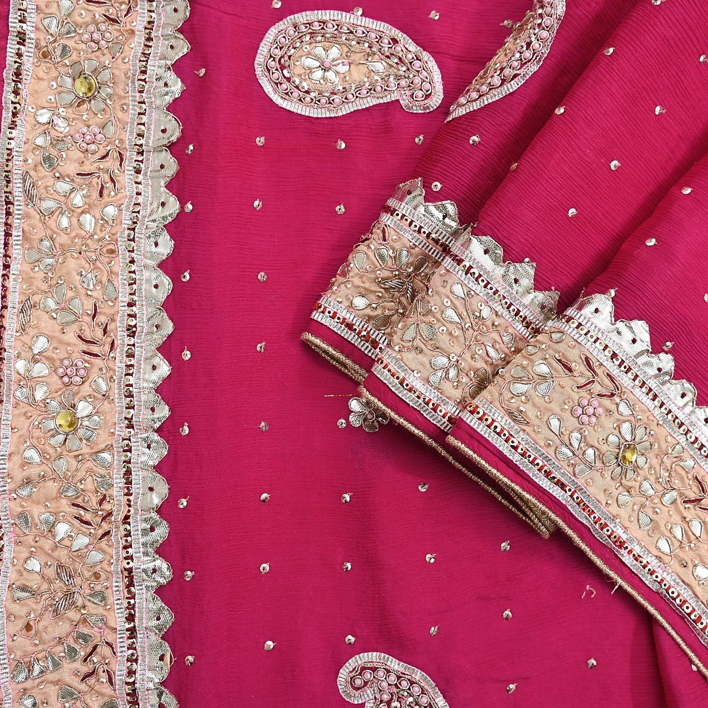 Indian Women Vintage Heavy Pink Dupatta Pure silk Long Stole Hand Embroidered Hijab Scarves Veil Wrap Gota Patti