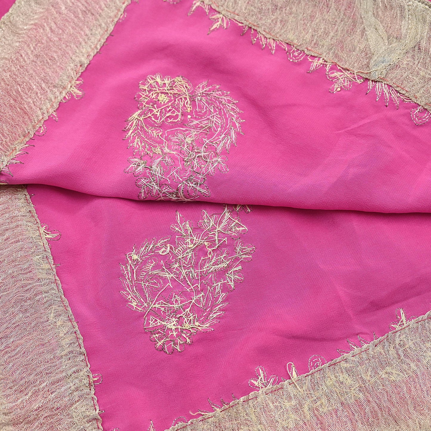 Indian Vintage Heavy Pink Dupatta Pure Crepe Silk Long Stole Hand Embroidered Scarves Dabka Zardozi Zari Scarves Wedding/ Bridal Veil