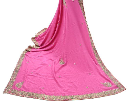 Indian Vintage Heavy Pink Dupatta Pure Crepe Silk Long Stole Hand Embroidered Scarves Dabka Zardozi Zari Scarves Wedding/ Bridal Veil