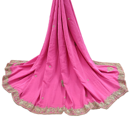 Indian Vintage Heavy Pink Dupatta Pure Crepe Silk Long Stole Hand Embroidered Scarves Dabka Zardozi Zari Scarves Wedding/ Bridal Veil