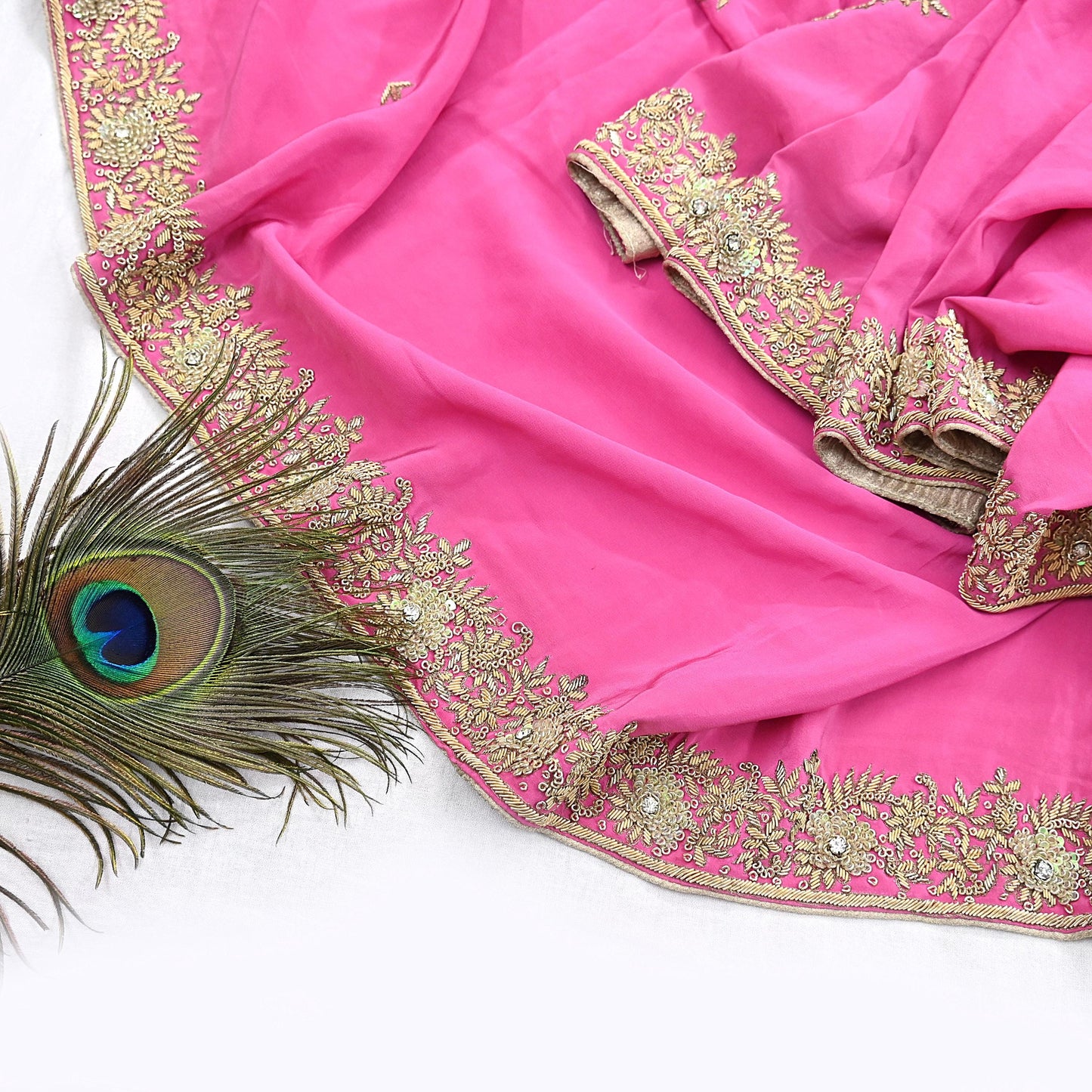 Indian Vintage Heavy Pink Dupatta Pure Crepe Silk Long Stole Hand Embroidered Scarves Dabka Zardozi Zari Scarves Wedding/ Bridal Veil