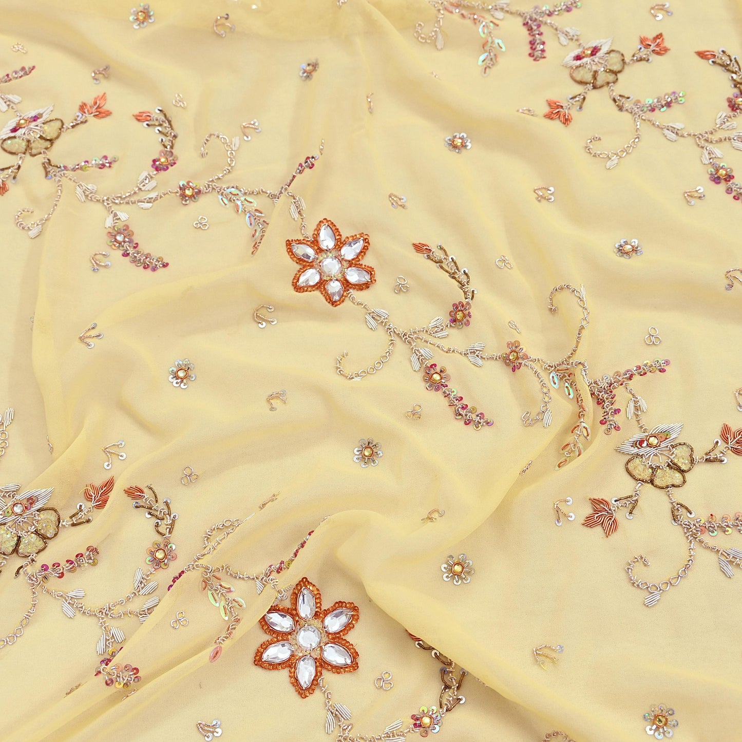 Indian Vintage Heavy yellow Bridal Dupatta Pure Georgette Silk Hand Embroidered Zardozi, Dabka, Zari Work Party Wear Long Stole