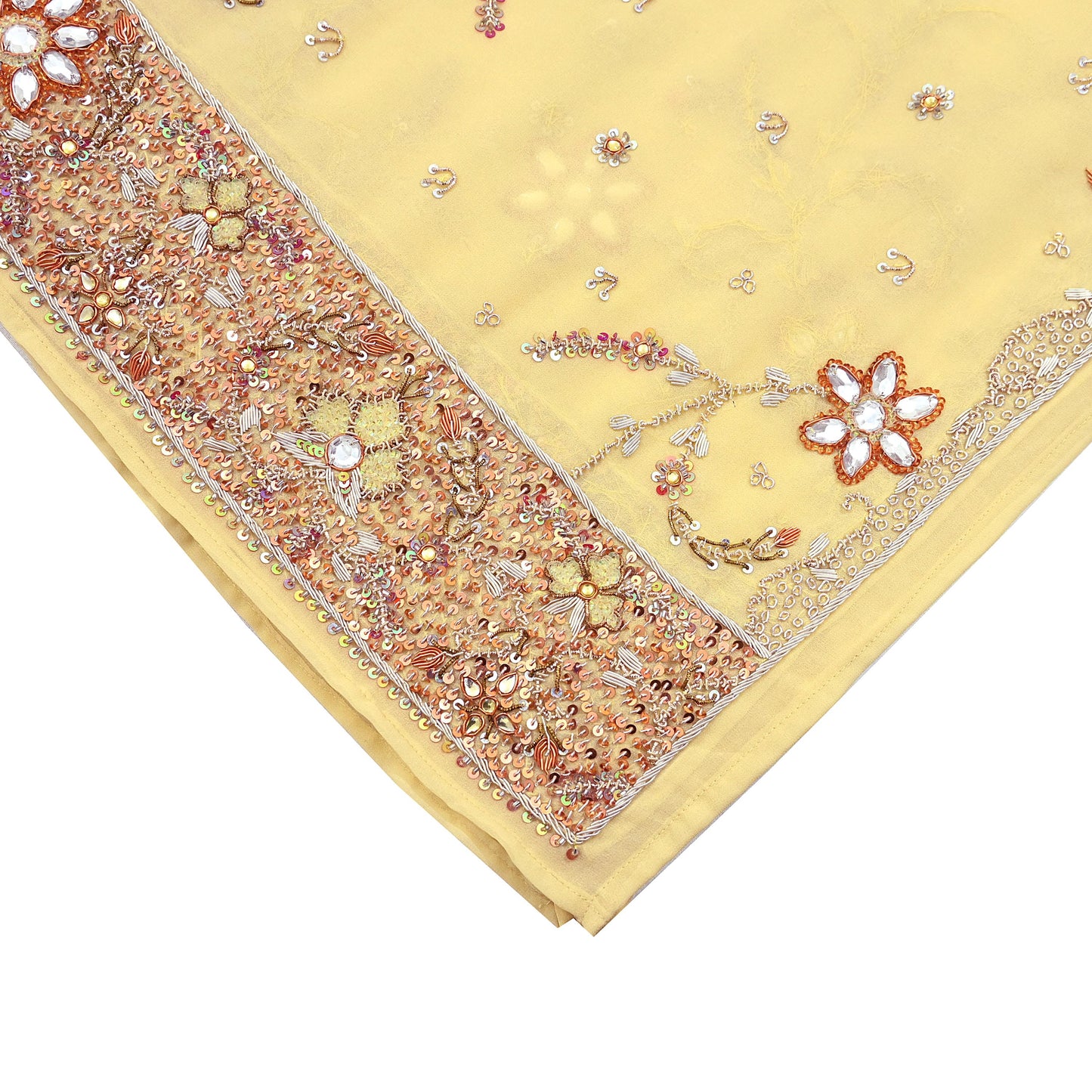Indian Vintage Heavy yellow Bridal Dupatta Pure Georgette Silk Hand Embroidered Zardozi, Dabka, Zari Work Party Wear Long Stole