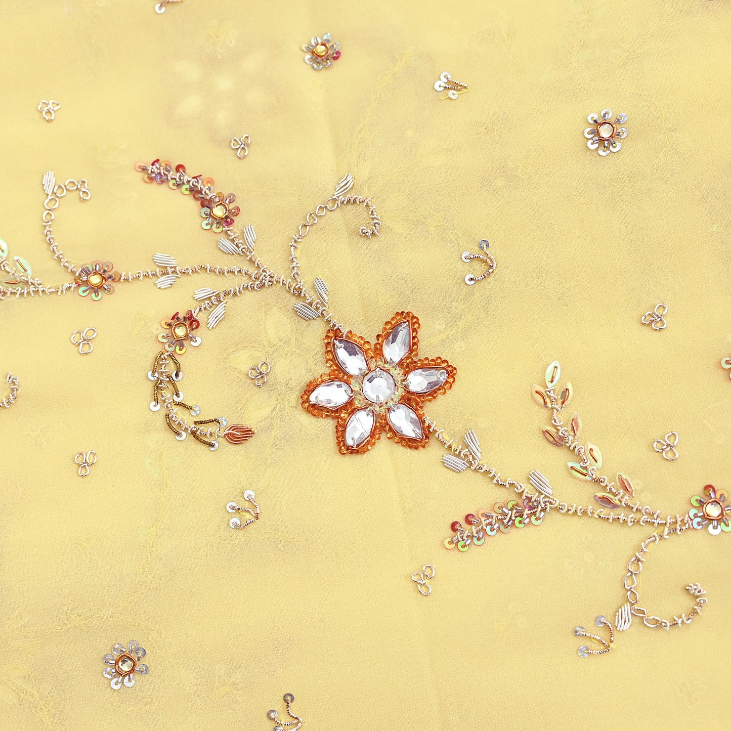 Indian Vintage Heavy yellow Bridal Dupatta Pure Georgette Silk Hand Embroidered Zardozi, Dabka, Zari Work Party Wear Long Stole