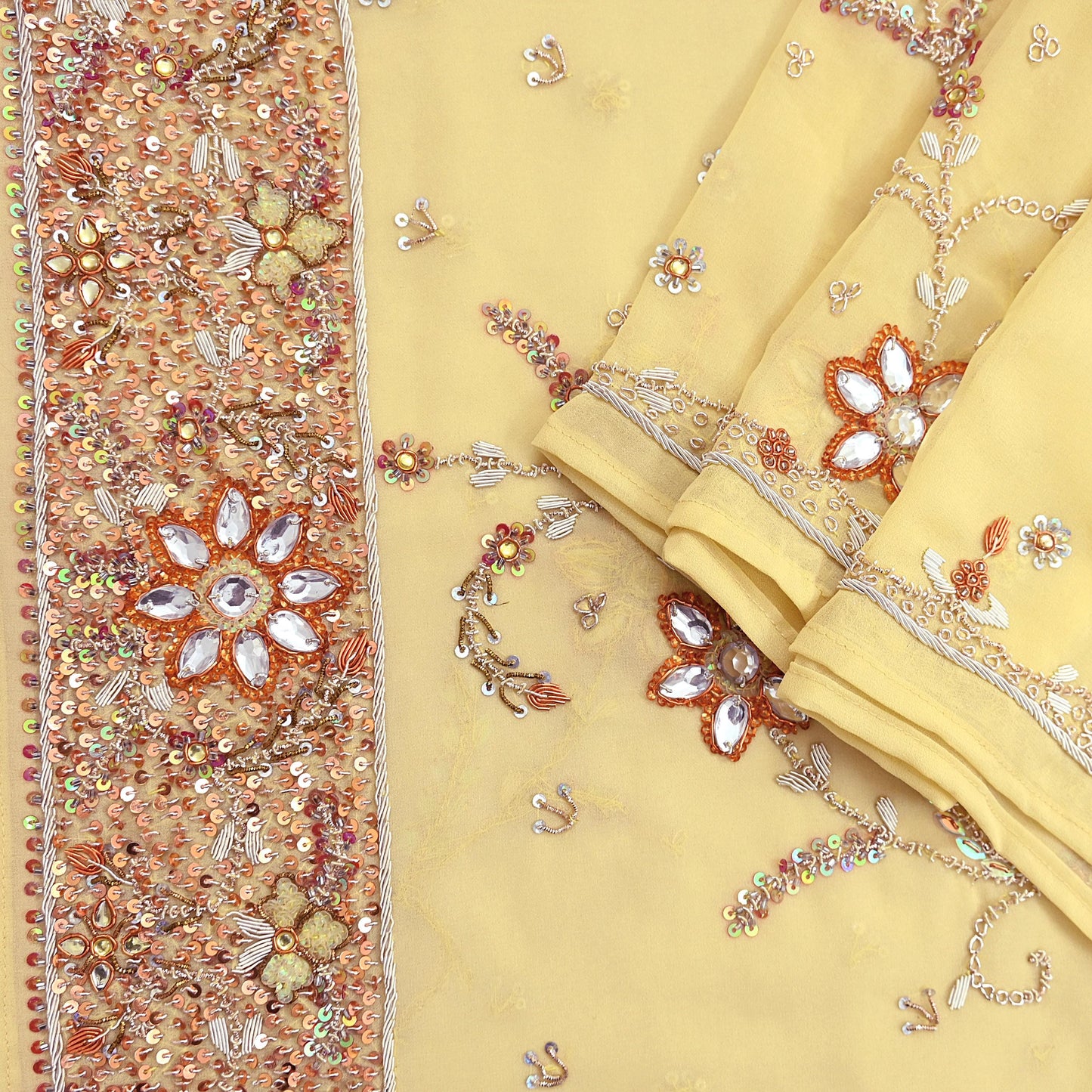 Indian Vintage Heavy yellow Bridal Dupatta Pure Georgette Silk Hand Embroidered Zardozi, Dabka, Zari Work Party Wear Long Stole