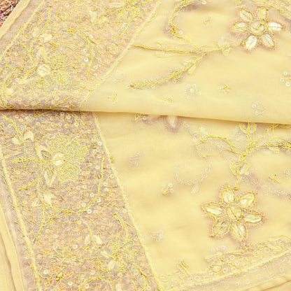 Indian Vintage Heavy yellow Bridal Dupatta Pure Georgette Silk Hand Embroidered Zardozi, Dabka, Zari Work Party Wear Long Stole