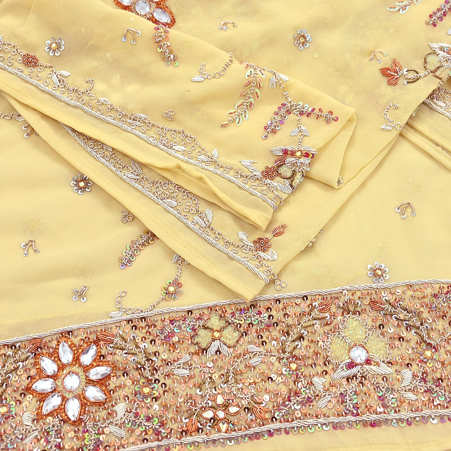 Indian Vintage Heavy yellow Bridal Dupatta Pure Georgette Silk Hand Embroidered Zardozi, Dabka, Zari Work Party Wear Long Stole