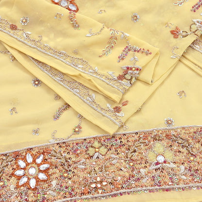 Indian Vintage Heavy yellow Bridal Dupatta Pure Georgette Silk Hand Embroidered Zardozi, Dabka, Zari Work Party Wear Long Stole