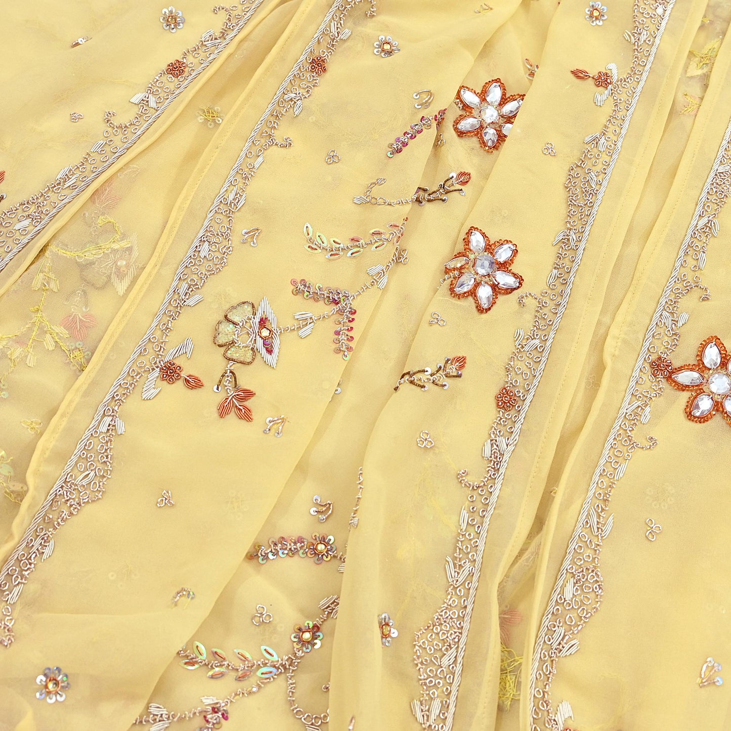 Indian Vintage Heavy yellow Bridal Dupatta Pure Georgette Silk Hand Embroidered Zardozi, Dabka, Zari Work Party Wear Long Stole