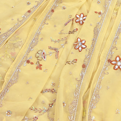 Indian Vintage Heavy yellow Bridal Dupatta Pure Georgette Silk Hand Embroidered Zardozi, Dabka, Zari Work Party Wear Long Stole