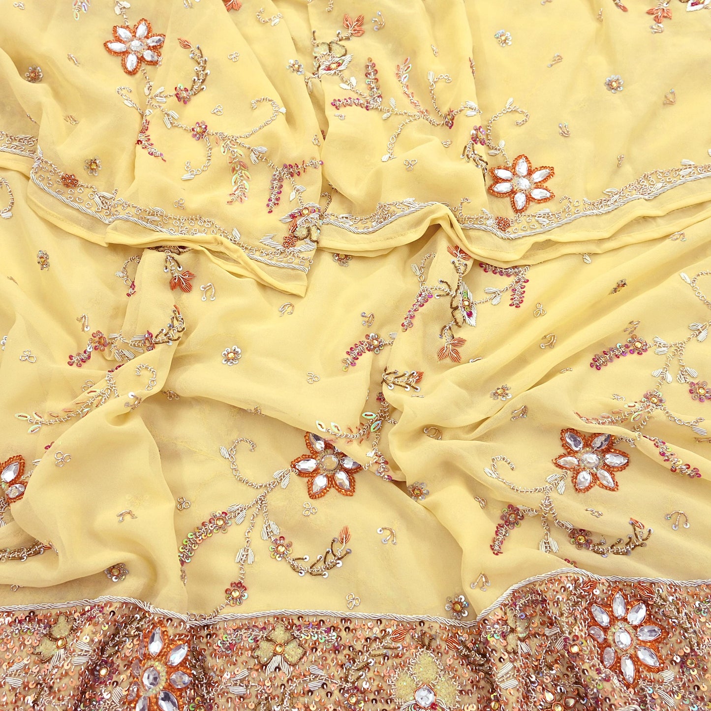 Indian Vintage Heavy yellow Bridal Dupatta Pure Georgette Silk Hand Embroidered Zardozi, Dabka, Zari Work Party Wear Long Stole